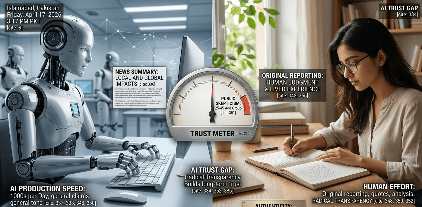 A vertical split-screen photograph in Islamabad, Pakistan, on Friday, April 17, 2026, at 3:17 PM PKT , illustrating the 'AI trust gap'. The left panel shows a modern, functional, metallic robot with articulate hands, its right 'arm' typing rapidly on a minimalist computer keyboard, the screen displaying a text block titled 'NEWS SUMMARY: LOCAL AND GLOBAL IMPACTS '. Below the keyboard, text on the robot's base reads: 'AI PRODUCTION SPEED: 1000s per Day, general claims, general tone '. Below this, an icon labels it 'AI-GENERATED '. The right panel shows a young, thoughtful, human woman with glasses, seated at a natural wood desk, holding a pen and meticulously writing longhand in a large open notebook, the text block titled 'ORIGINAL REPORTING: HUMAN JUDGMENT & LIVED EXPERIENCE '. A subtle plaque on the desk reads: 'AUTHENTICITY: Radha Khan, human journalist. VERIFIABLE '. Below her hand, text reads: 'HUMAN EFFORT: Original reporting, quotes, analysis. RADICAL TRANSPARENCY '. Below this, an icon labels it 'HUMAN-AUTHORED '. The background on the robot's side is a clean, data-oriented lab, with other indistinct machines and network lines, contrasting with the human's side which is a warm, authentic home study with books, a window with green leaves, and soft light. Precisely between the two panels, a large, physical, gauge-like 'TRUST METER' is mounted. Its needle is at a decisive midpoint, slightly towards the human side, marked: 'PUBLIC SKEPTICISM: 25-45 Age Group '. Text below the gauge reads: 'AI TRUST GAP: Radical Transparency Builds long-term trust '. The entire image has depth and realism, capturing the distinct textures of a metal robot, paper, and skin. Subtle citations are discreetly integrated. Natural and artificial light blend to define the scenes and the meter.