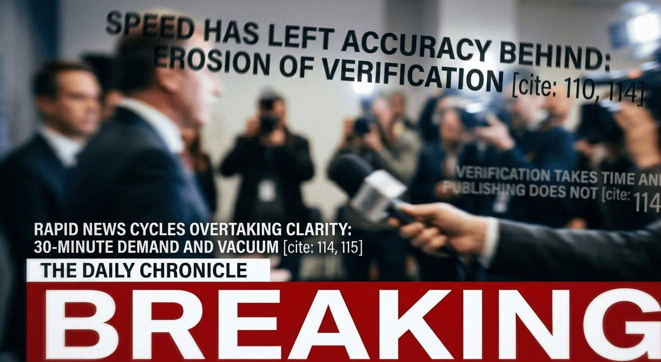 A blurry photograph from behind a line of reporters holding microphones, looking towards a man in a suit giving a statement, which represents how speed has left accuracy behind and eroded verification. Overlaid text at the top of the image says, "SPEED HAS LEFT ACCURACY BEHIND: EROSION OF VERIFICATION ." Text in the bottom-left corner reads, "RAPID NEWS CYCLES OVERTAKING CLARITY: 30-MINUTE DEMAND AND VACUUM." Along the bottom of the image is a red banner with "THE DAILY CHRONICLE" above large white text that says "BREAKING.
