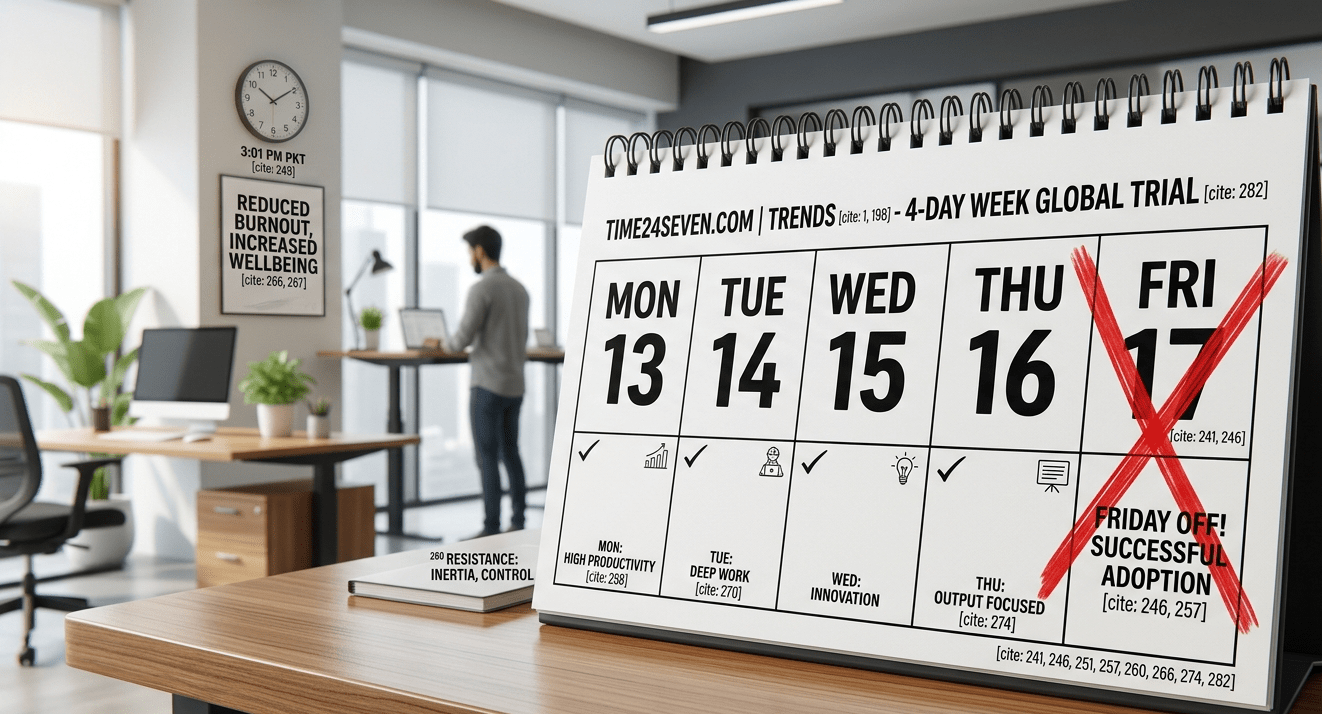 A close-up photograph capturing a tangible, large desk calendar in a bright, modern office in Islamabad, Pakistan, on Friday, April 17, 2026. The calendar is a stylized, wire-bound page with a clear header: 'TIME24SEVEN.COM | TRENDS - 4-DAY WEEK GLOBAL TRIAL '. The days of the current week are prominent: MON 13, TUE 14, WED 15, THU 16, and FRI 17. A heavy, hand-drawn red 'X' decisively crosses out the box for 'FRI 17' with bold red lines. Smaller text within the crossed-out section reads: 'FRIDAY OFF! SUCCESSFUL ADOPTION '. The boxes for the earlier days have small checkmarks and tiny icon labels like 'MON: HIGH PRODUCTIVITY ', 'TUE: DEEP WORK ', 'WED: INNOVATION', 'THU: OUTPUT FOCUSED '. The background, softly blurred, reveals an open-plan office with clean lines, large windows, a desk with a computer and plants, a person working at a standing desk, and a subtle wall clock showing the early afternoon (3:01 PM PKT). A visible poster in the background reads 'REDUCED BURNOUT, INCREASED WELLBEING '. Text from source 260 'RESISTANCE: INERTIA, CONTROL' is subtly visible in a small print or notebook near the calendar. The desk surface is polished wood, and natural light streams in from the side. The shot is detailed and has depth of field. A citation like is discreetly integrated near the calendar.