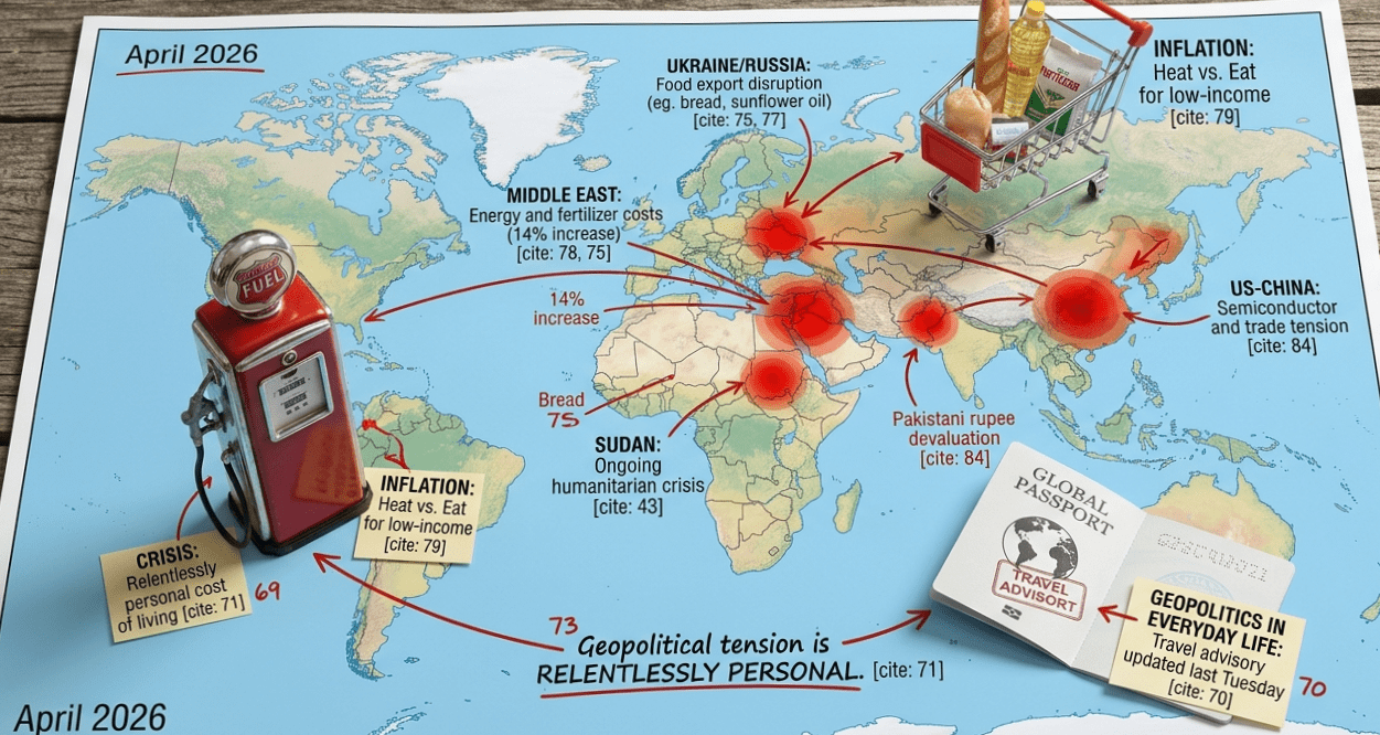 A wide-angle top-down shot of a world map resting on a rustic wooden surface, dated "April 2026." The map is overlaid with glowing red "tension hotspots" concentrated in regions like the Middle East, Eastern Europe, and East Asia. Physical objects are placed directly onto the map to represent the human impact of global events: a vintage red fuel pump sits over South America, a miniature red shopping cart filled with groceries and a bag of fertilizer is placed over Europe, and an open "Global Passport" with a "Travel Advisory" stamp lies over the Pacific. Handwritten red arrows and text notes connect these regions to the objects, featuring captions like "Geopolitical tension is RELENTLESSLY PERSONAL" and "Inflation: Heat vs. Eat for low-income.