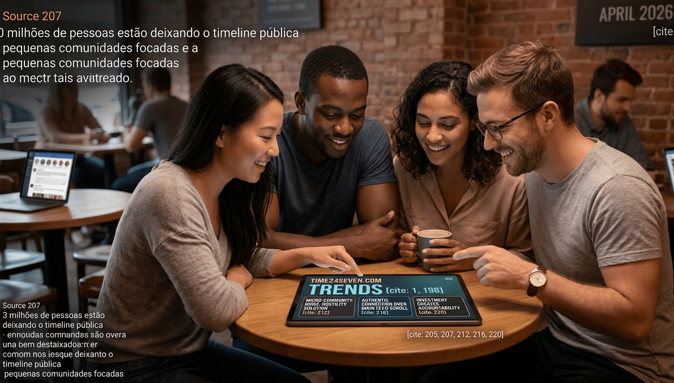 A diverse group of four young professionals, appearing to be in their mid-20s, is gathered closely around a small, circular wooden table in a dimly lit, welcoming cafe with exposed brick. On the table sits a sleek, flat digital screen, about the size of a large tablet, glowing with a unique community interface: it displays a custom graphic with the text 'TIME24SEVEN.COM' and 'TRENDS ' as a main header, with smaller sections like 'MICRO-COMMUNITY: NOISE, HOSTILITY SOLUTION ', 'AUTHENTIC CONNECTION OVER MAIN FEED SCROLL ', and a prominent 'INVESTMENT CREATES ACCOUNTABILITY '. One hand, belonging to an Asian woman, taps the screen. They are smiling, engaged, laughing softly, their faces close, casting soft light onto each other from the screen. A Black man leans in, arms resting on the table, another woman of mixed heritage holds a mug, and a Caucasian man with glasses points with a smile. Their body language is connected, almost a physical hug, with shoulders overlapping, making the space intimate. The background is softly blurred, showing other indistinct cafe tables and people, suggesting a wider world, but their immediate circle is focused and separate. Text fragments from Source 207 are partially visible and integrated, e.g., ' milhões de pessoas estão deixando o timeline pública' and 'pequenas comunidades focadas'. On the cafe's back wall, a subtle sign reads 'APRIL 2026'. The shot is close, warm, with natural depth of field. Subtle citations like are discreetly integrated near the screen or table. Other people in the blurred background are looking at massive, blurred wall-mounted screens displaying infinite scrolling feeds.