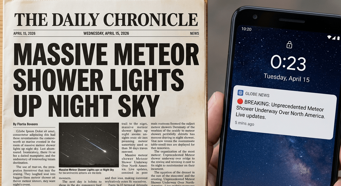 split-screen image perfectly divided vertically, contrasting traditional print media with modern digital news delivery, both covering the same event: a massive meteor shower. On the left, a photograph of a printed newspaper, 'THE DAILY CHRONICLE,' with the bold headline 'MASSIVE METEOR SHOWER LIGHTS UP NIGHT SKY,' dated 'APRIL 15, 2026.' Below the headline, a detailed article with a small photograph. On the right, a photograph of a modern smartphone held in a hand. Its locked screen displays a vibrant background of a star-filled sky. A clear, white notification box from 'GLOBE NEWS' reads: '🔴 BREAKING: Unprecedented Meteor Shower Underway Over North America. Live updates.' Below it, smaller text: '5 mins ago.' The clock on the phone shows '0:23.' Both screens show clear text.