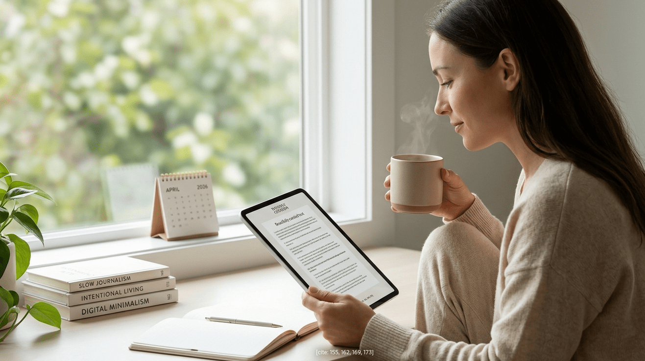 A woman with dark brown hair wearing a beige knitted sweater is sitting at a minimalist desk by a window with greenery outside. She is reading a tablet with her right hand and holding a steaming mug with her left, a calendar and books labeled “Slow Journalism,” “Intentional Living,” and “Digital Minimalism” are near the window, and a subtle text at the bottom says “.”
