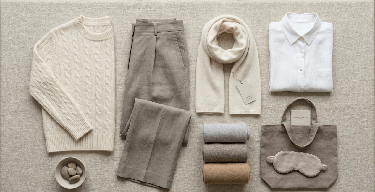 A top-down photograph on a textured, light oatmeal linen mat, a curated flatlay of neutral-toned, high-quality cashmere and linen clothing and accessories, completely free of visible logos, embodying the silent luxury aesthetic. Centered is a pair of tailored stone-grey Italian linen trousers, to its left a substantial cream cable-knit cashmere sweater, to its right an ivory cashmere fine-gauge scarf, and above that a folded white linen button-down shirt. A stack of rolled dove-grey, camel, and taupe cashmere-blend socks is near the center, and to its right, a simple minimalist taupe linen tote bag and a fine cashmere-blend eye mask. Subtle citations are discreetly integrated on a small, unbranded paper tag and a small, minimal notebook. Soft natural light highlights the rich textile textures and considered craftsmanship. The natural fiber weave is sharp, the color palette is limited to creams, greys, and warm taupes.